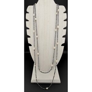 Zacasha Necklace 66 in Pearl Gray-Blue Faceted Beads Hand Knotted Boho Layering